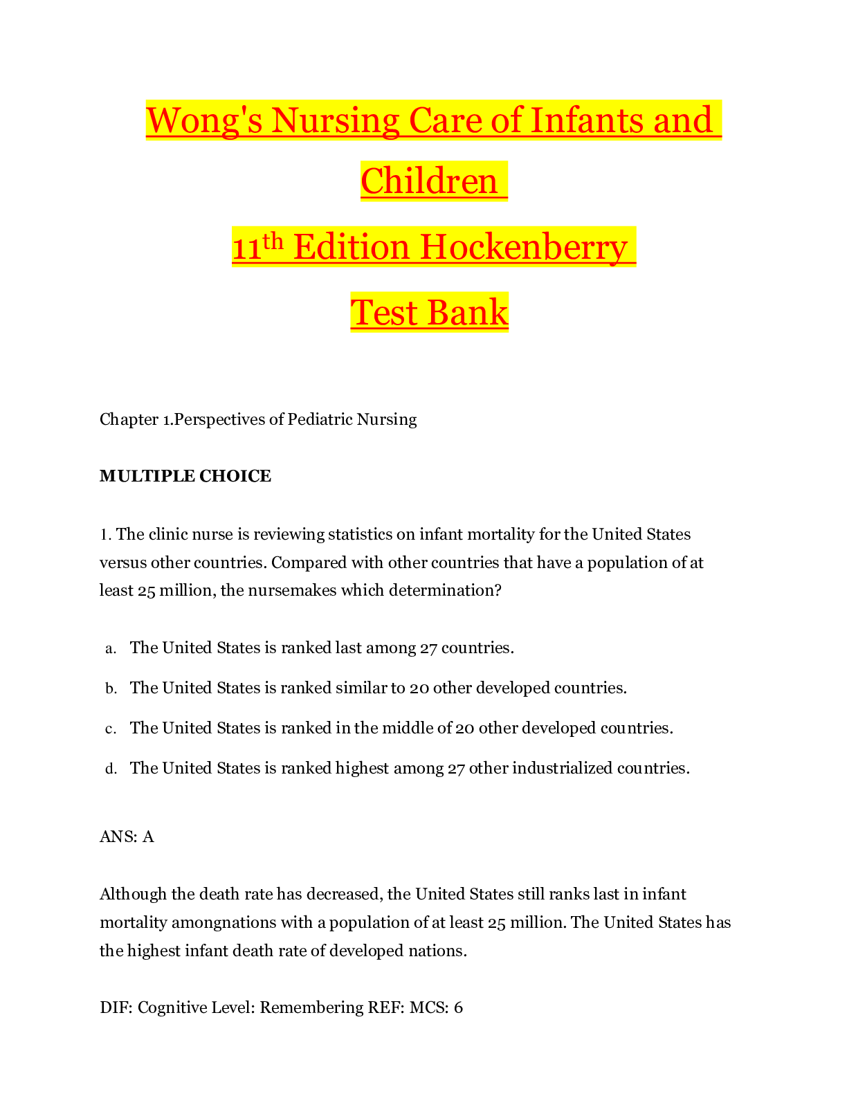 Preview image for Wong's Nursing Care of Infants and Children 11th Edition By Hockenberry_TEST BANK | Answers and Rationale (34 Chapters)_2022/2023